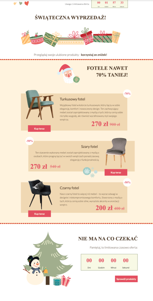 Strona sprzedażowa z trzema fotelami.
