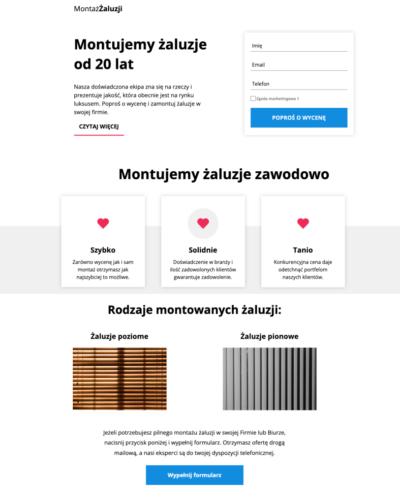 Strona z możliwością zapisu na wycenę montażu żaluzji.